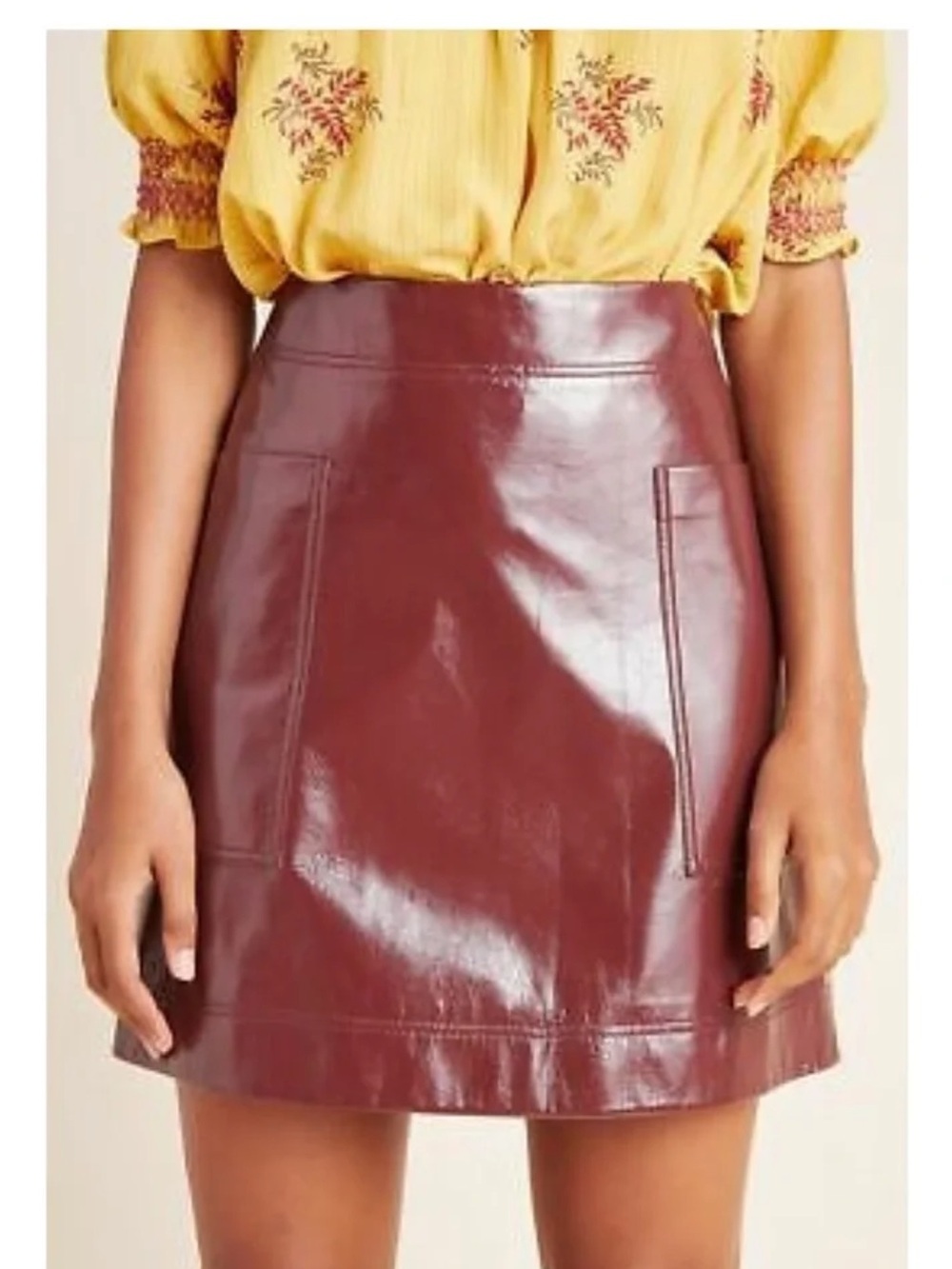 Anthropologie Maeve Faux Patent Leather Mini Skirt in Wine Size 2 EUC